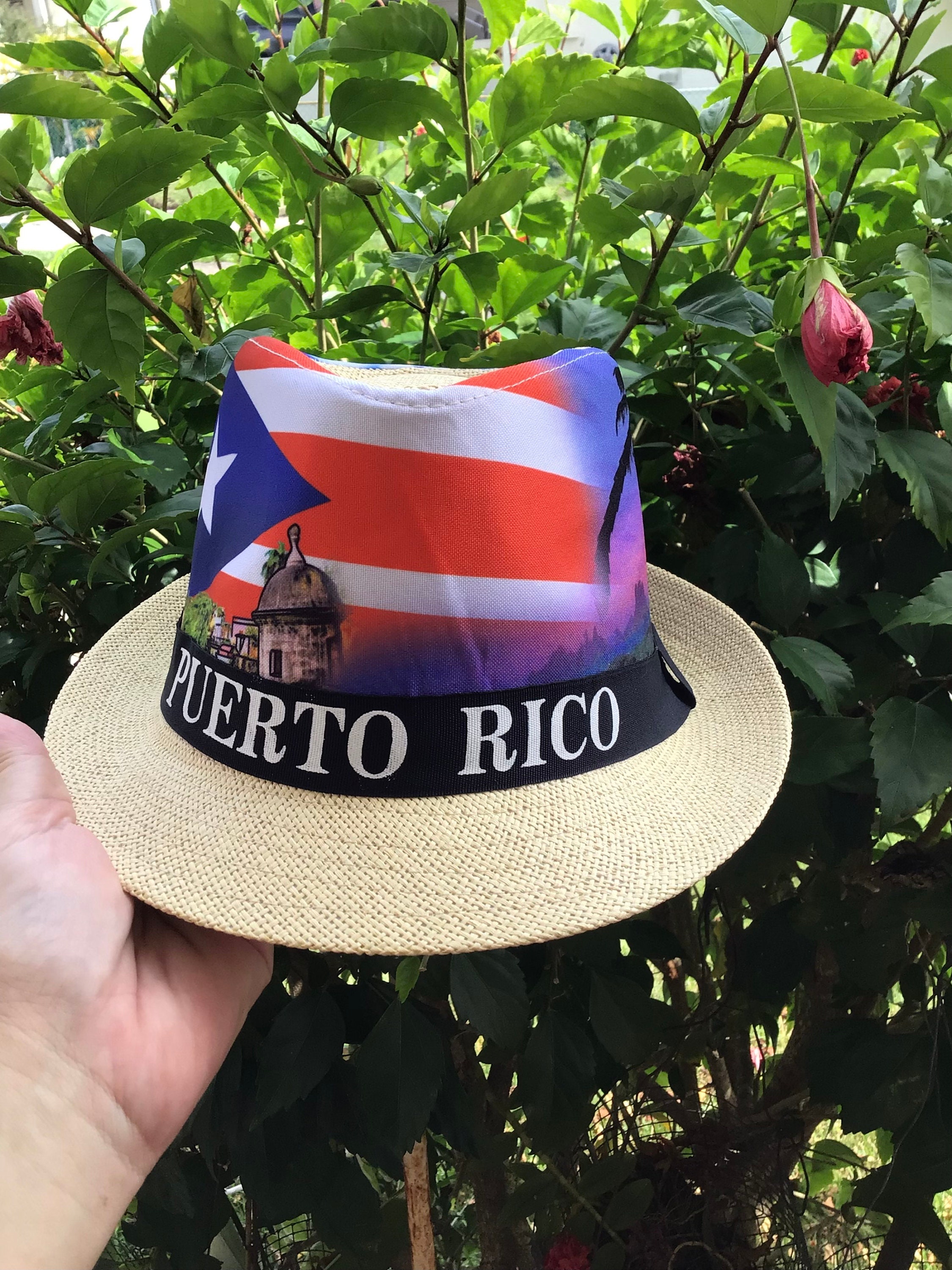 Straw Hat With Landscape and Puerto Rico Flag. Tropical Hat 