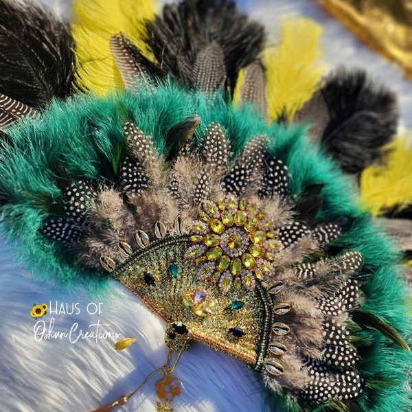 Oshun Ochun Ibu Akuaro handfan with Cornish Hen feathers