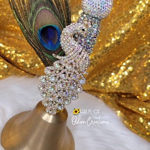 Peacock feather & rhinestone brass bell for Oshun Ochun Yoruba Orisa Orisha