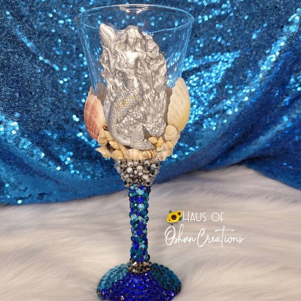 Mermaid Queen Goddess Yemaya Yemoja Inspired Goblet with rhinestones, mermaid moulds, & seashells Orisha Orisa Yoruba