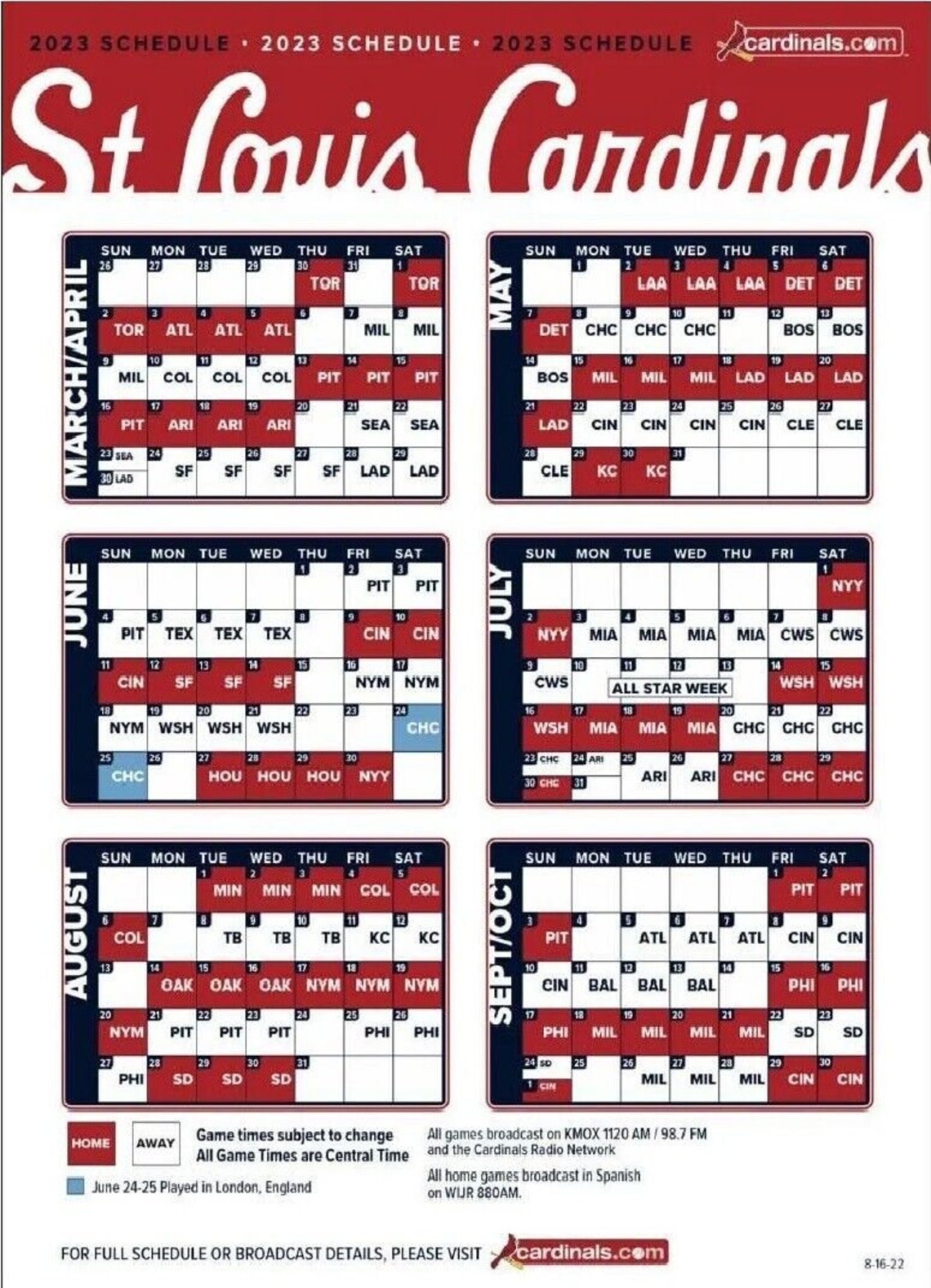 ST. LOUIS CARDINALS 2023 Schedule 5 X 3.5 Etsy UK