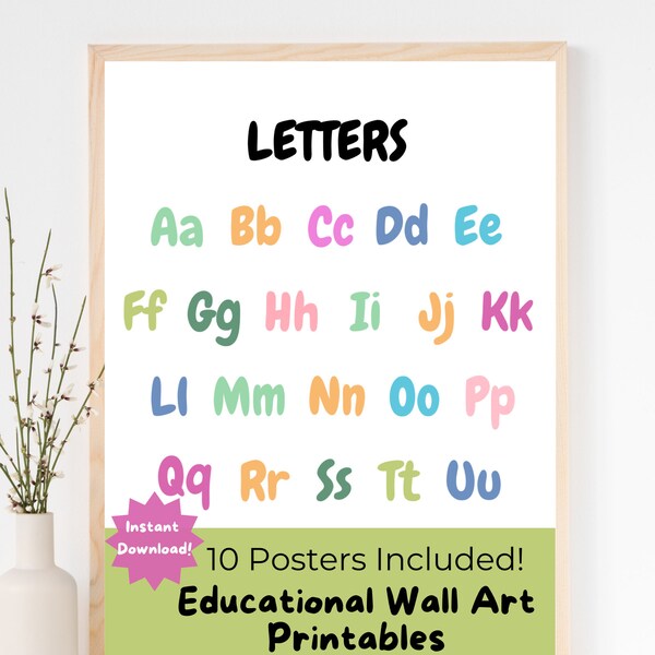 Educational Wall Art Posters Printables: ABC's, 123's, Colors, Days of Week, Months of Year, Solar System, Continents, Weather, & more.