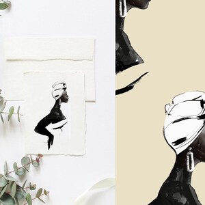May include: Black and white illustration of a woman with a white head wrap and large earrings. The woman is looking to the right and has a simple, elegant style.