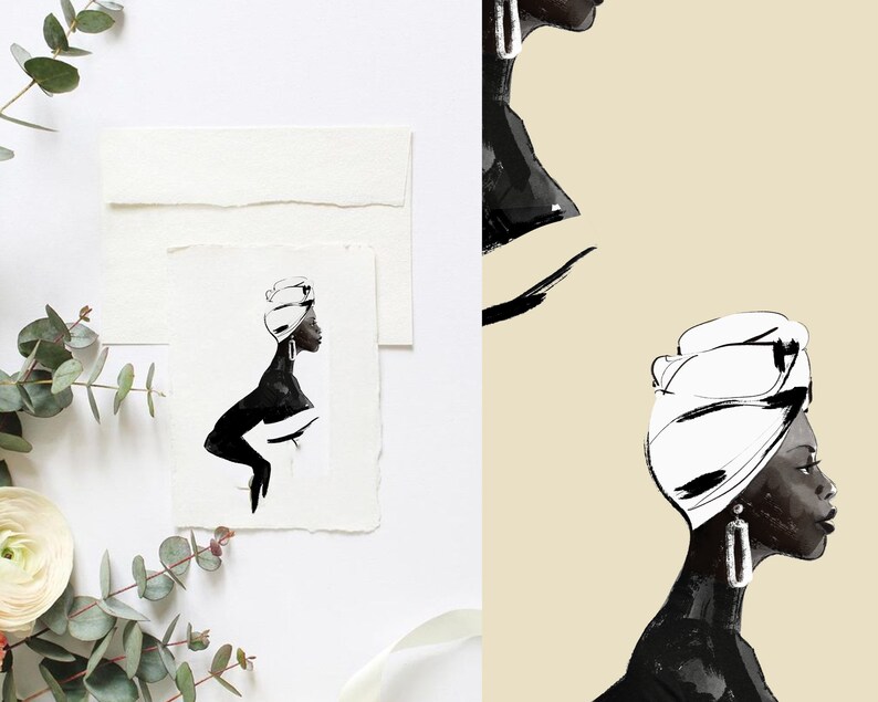 May include: Black and white illustration of a woman with a white head wrap and large earrings. The woman is looking to the right and has a simple, elegant style.