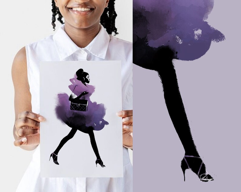 Fashion watercolor afro girl clipart ~ Fashion girl clipart ~ Black woman png art print image 4