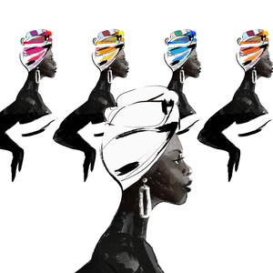 May include: Five black and white illustrations of women wearing colourful head wraps. The women are facing to the right and have their arms crossed in front of them. The head wraps are in various colours and patterns.