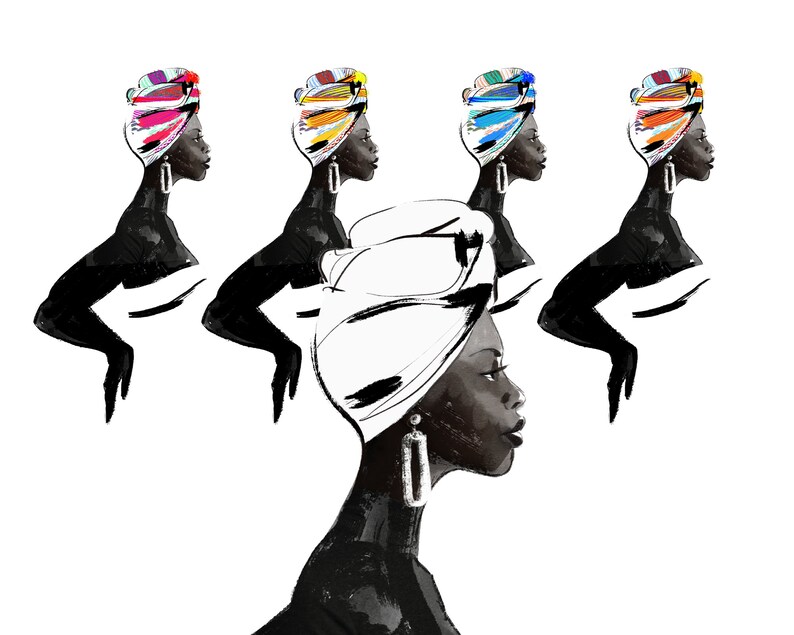 May include: Five black and white illustrations of women wearing colourful head wraps. The women are facing to the right and have their arms crossed in front of them. The head wraps are in various colours and patterns.