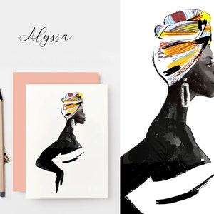 May include: A black and white illustration of a woman with a colourful head wrap. The woman is wearing large earrings and has a simple white background.