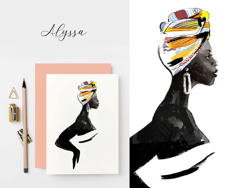 May include: A black and white illustration of a woman with a colourful head wrap. The woman is wearing large earrings and has a simple white background.