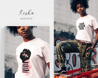 Black Girl t-shirt mockup apparel ~  Black Lady with blank t-shirt ~ Your design here PSD