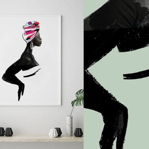 May include: Black and white illustration of a woman with a colourful head wrap. The woman is wearing large earrings and is looking to the side. The illustration is in a minimalist style.