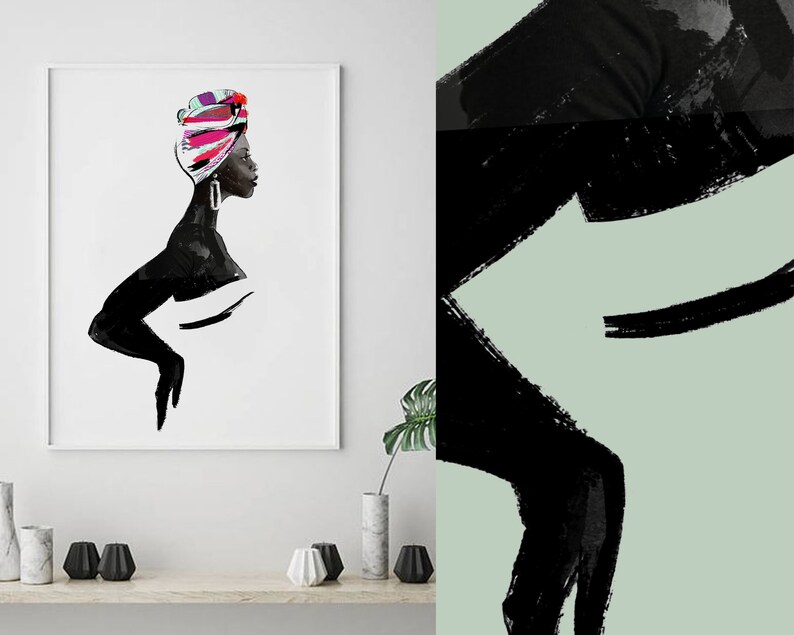 May include: Black and white illustration of a woman with a colourful head wrap. The woman is wearing large earrings and is looking to the side. The illustration is in a minimalist style.