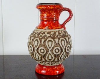 Vintage vase Übelacker 1722-21, Ü-ceramic handle vase red-orange spotted glossy glaze & matt beige relief, West German ceramics