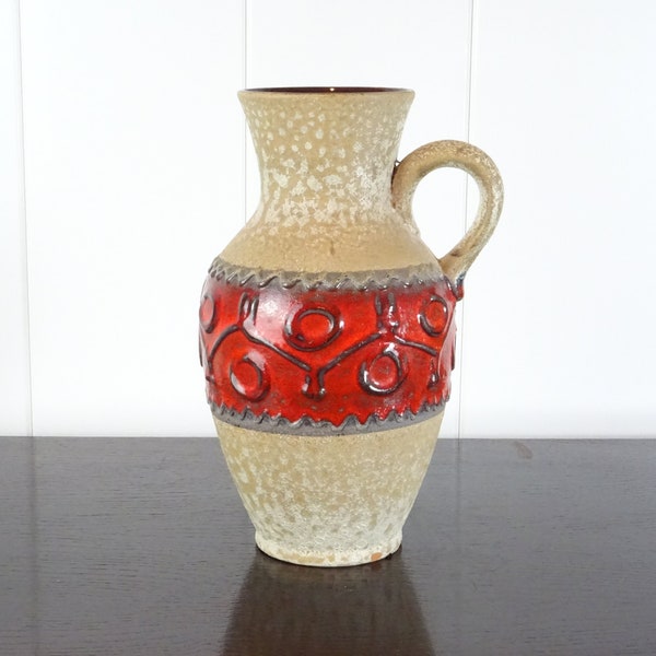 Vintage vase Carstens Tönnieshof 1518-23, handle vase white spotted beige base glaze with red glaze band and relief, West German ceramics