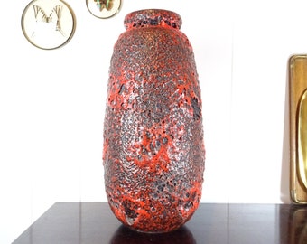 Vintage Vase Scheurich 284-47, rot-schwarzes Fat Lava, Westdeutsche Keramik