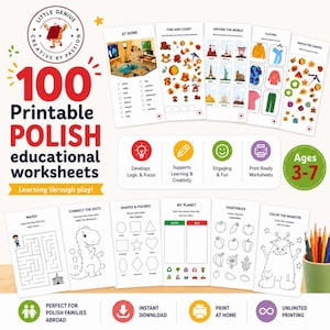 100 afdrukbare Poolse werkbladen voor kinderen | Poolse activiteiten leren | Werkboek kleuterschool | Thuisonderwijs | Tweetalige afdrukbare pdf | 3-7 jaar