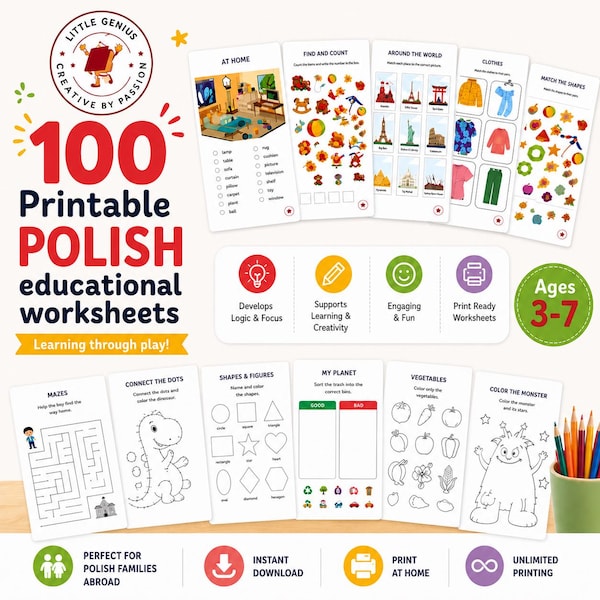 100 afdrukbare Poolse werkbladen voor kinderen | Poolse activiteiten leren | Werkboek kleuterschool | Thuisonderwijs | Tweetalige afdrukbare pdf | 3-7 jaar