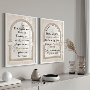 May include: Two framed art prints with beige and white tones. The left print features text in French, including "Commencer avec Bismillah." The right print displays "Les 6 Piliers de la Foi." Both are displayed on a white cabinet.