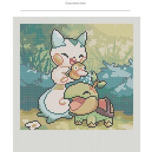 May include: Cross stitch chart featuring a Turtwig design. The image shows a cross-stitched illustration of a cartoon character holding a small creature. The background is a mix of green and blue.