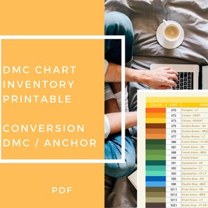 Puede incluir: Un gráfico PDF digital para proyectos de punto de cruz. El gráfico incluye información de conversión de hilo DMC a Anchor. La imagen muestra a una persona usando una computadora portátil y una carta de colores con una taza de café.