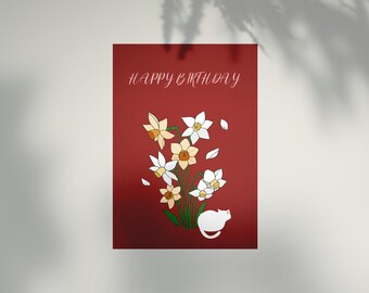 Cat Printable Birthday Card | Daffodil Card | White Cat