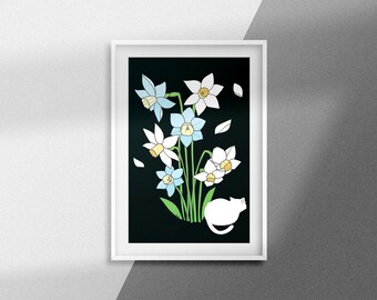 Daffodil Wall art | Cat lover gift printing | Black Printable Wall art