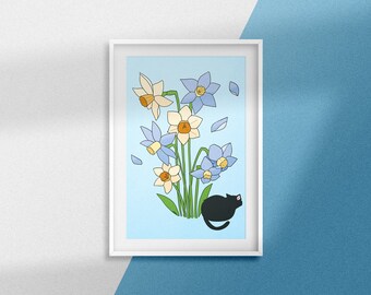 Daffodil Wall art | Cat lover gift printing | Blue Printable Wall art