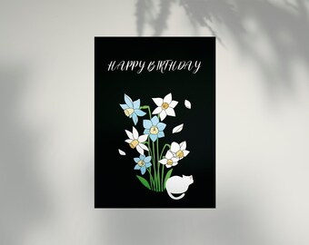 Daffodil  Printable Birthday Card | White Cat | Black Birthday Card