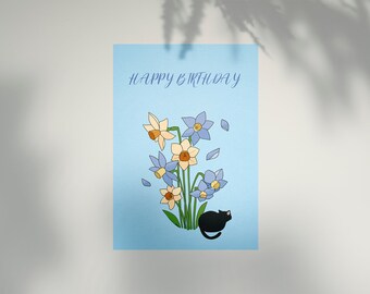 Daffodil  Printable Birthday Card | Black Cat | Blue Birthday Card