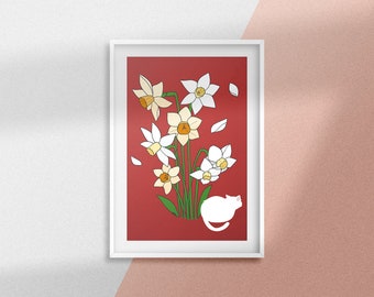 White Daffodil Wall art |  Best friend gift | Gift for family | Red printable Wall art