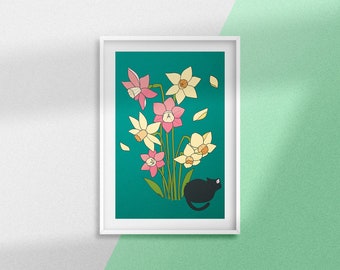 Cat and Daffodil Wall art |  Best friend gift | Gift for family | Green Printable Wall art