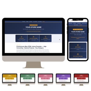 May include: A computer monitor and smartphone display a website template with the text "YOUR STORE NAME". The template includes sections for product descriptions and store information. Below are five additional computer monitors with different colour schemes.