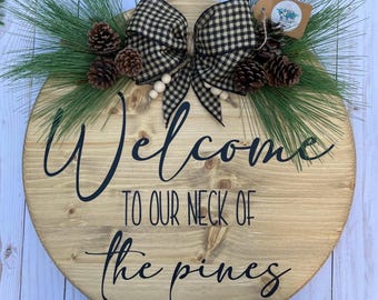 Ready to Ship! Pine Tree Welcome Door Hanger: Farmhouse Wood Sign, 18"