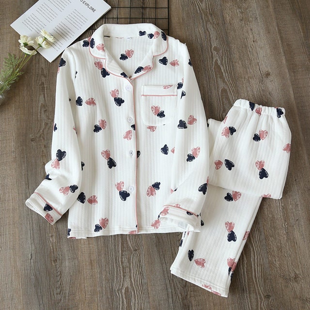 Big Hearth Pattern Cotton Pajama Set Winter Autumn Sleepwear | Etsy