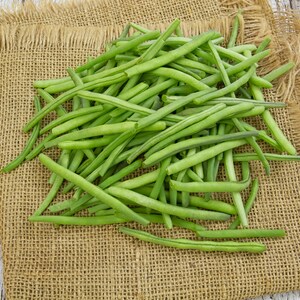 May include: A pile of fresh green string beans on a brown burlap surface.