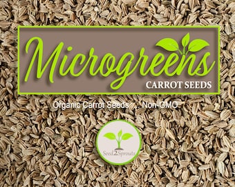 May include: Close-up of a pile of small, light brown carrot seeds. The seeds are labeled "Microgreens Carrot Seeds" and "Organic Carrot Seeds Non-GMO". The label also features a green logo with the text "Seed2Sprouts".