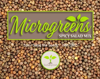 May include: Close-up of a pile of brown and tan seeds labeled "Microgreens Spicy Salad Mix Seeds... Non-GMO" with a green logo that says "Seed 2 Sprouts".