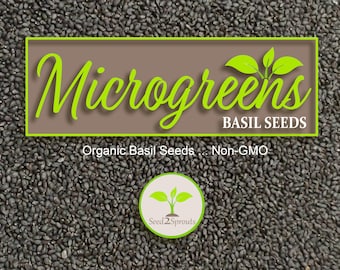 May include: Close-up of a bag of black basil seeds for growing microgreens. The bag has a brown label with the text "Microgreens Basil Seeds" and "Organic Basil Seeds... Non-GMO". A small green logo with the text "Seed 2 Sprouts" is in the lower right corner.