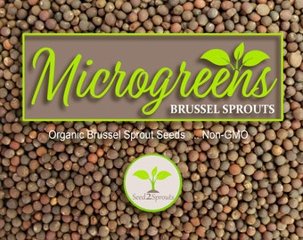 May include: Close-up of a pile of small, brown, round seeds. The text "Microgreens Brussel Sprouts" is on a brown background with green lettering. The text "Organic Brussel Sprout Seeds ... Non-GMO" is below the title. A small circle with a green sprout logo and the text "Seed2Sprouts" is in the lower right corner.