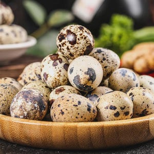 May include: A wooden bowl filled with speckled quail eggs. The eggs are a creamy beige color with brown and black spots. Other eggs are in a white bowl in the background. Fresh ingredients are in the background.
