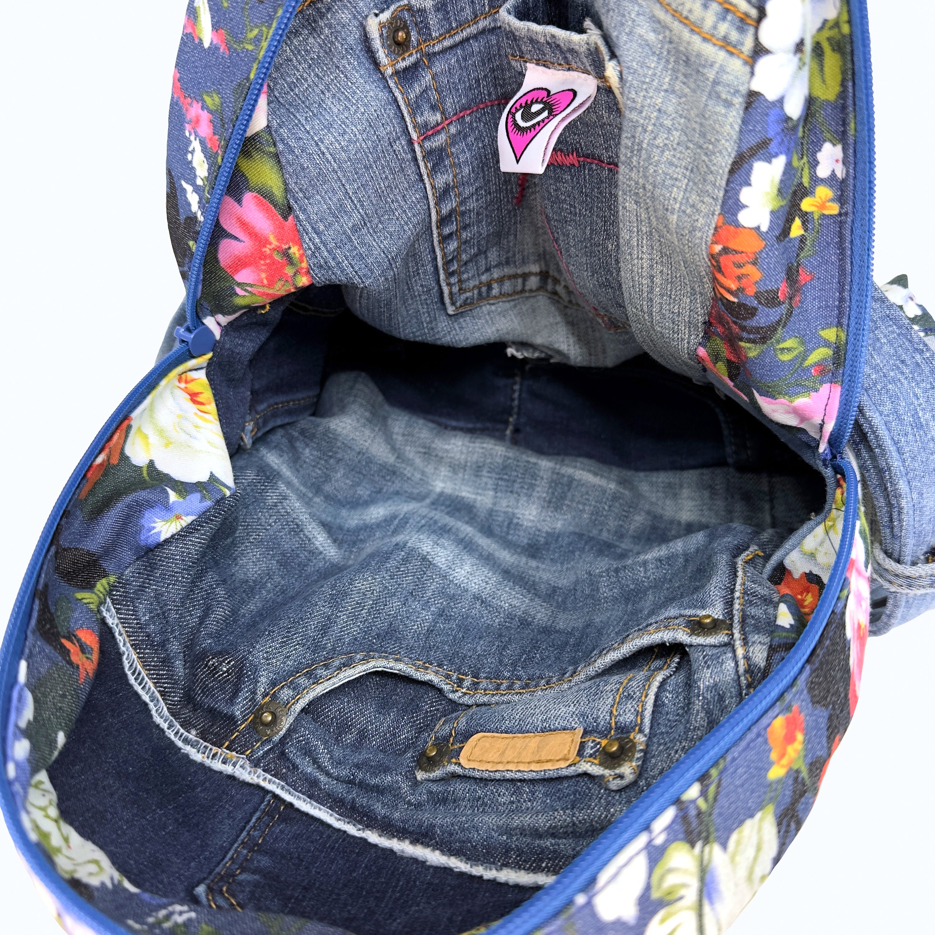 Upcycled Floral Denim Backpack with Jeans Pockets – Y2K Boho Preloved Bag Floral Denim Block Zipper Backpack - Etsy main image 2