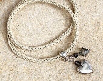 Braided bracelet with heart and crystal charm 2x around