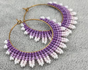 Lavender Beaded Hoop Earrings, Handmade Purple Seed Bead Fringe Hoops, Boho Gift, Statement Earrings