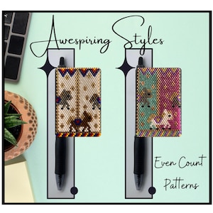 May include: Two pens with decorative beaded covers are displayed. One cover features a carousel horse design in tan, brown, and red. The other has a carousel horse design in teal, pink, and white. The text "Awespirng Styles" and "Even Count Patterns" are also visible.