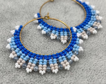 Blue Beaded Hoop Earrings, Handmade Seed Bead Fringe Hoops, Coastal Boho Statement Earrings, Lightweight Summer Jewelry