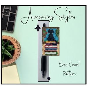 May include: A black cat sitting on a stack of books with a green plant in the background. The image is a beading pattern for an even count project. The text "Awespiring Styles" and "Even Count Pattern" is visible in the image.