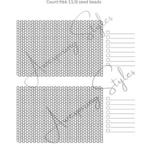 May include: A black and white diagram showing how to make a pen wrap using 966 11/0 seed beads. The diagram shows two rows of beads, each with a grid of squares.