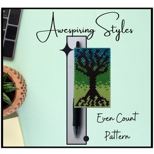 May include: A beaded pen holder with a black tree design on a green, blue, and black background. The text "Even Count Pattern" is below the pen holder.