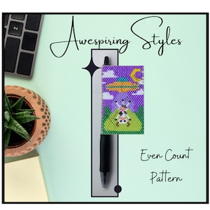 May include: A purple and green beaded pen topper with a cow and a UFO. The text "Awespiring Styles" and "Even Count Pattern" is on the image.