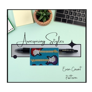 Puede incluir: Un porta bolígrafos de cuentas con fondo azul y un patrón de guitarras eléctricas de colores. El texto "Awespiring Styles" y "Even Count Pattern" es visible.
